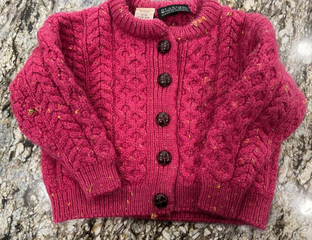 Blarney Woollen Mills Merino Wool Children’s Cardigan Size S Pink Cable Knit Swe
